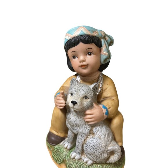 Homco Art Bisque Porcelain Native American Boy Figurine With Wolf Cub 1428 - Picture 11 of 13